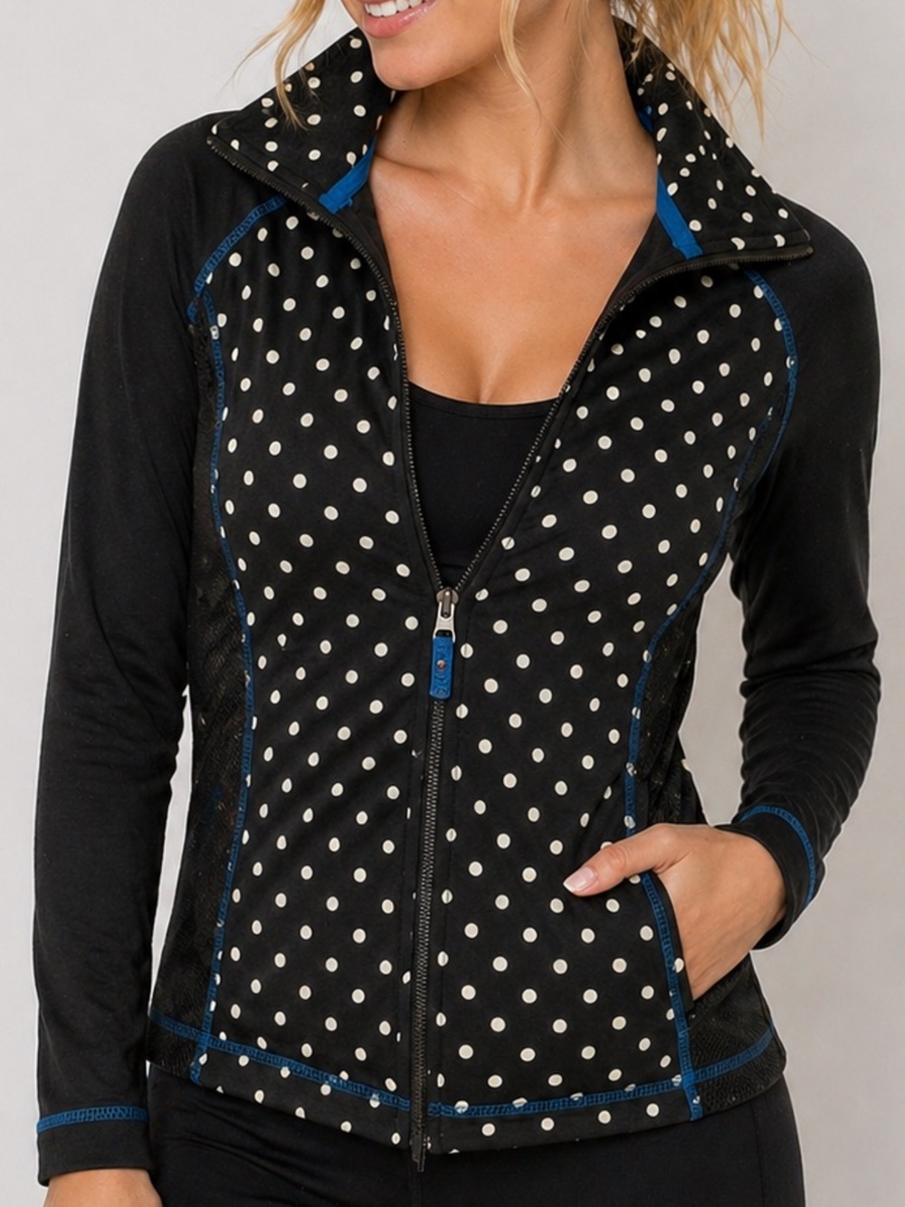Onque Casual Black Polka Dot Zip Jacket Size S Blue Trim Lightweight